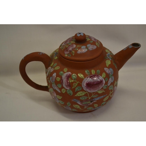 53 - 19TH CENTURY BULBOUS TEAPOT WITH FLORAL ENAMEL DECORATION