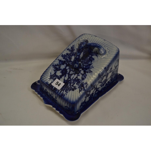 54 - STAFFORDSHIRE BLUE AND WHITE CHEESE DISH WITH BRANCH HANDLE