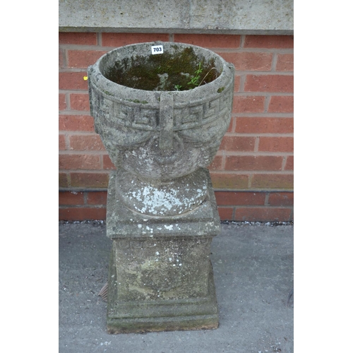 703 - STONEWARE URN PLANTER ON PLINTH