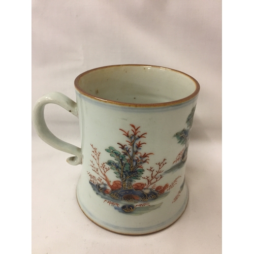 67 - 18TH CENTURY HAND PAINTED MANDARIN IRONSTONE TANKARD WITH LOOP HANDLE