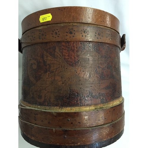 224 - WOODEN BARREL BUCKET SEWING BOX WITH POKERWORK DECORATION (SOME WOODWORM)