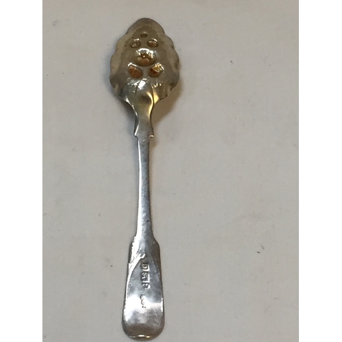 336 - SILVER BERRY TEASPOON WITH GILDED EMBOSSED BOWL ENGRAVED STEM; LONDON 1896 (0.6oz) MAKER GF