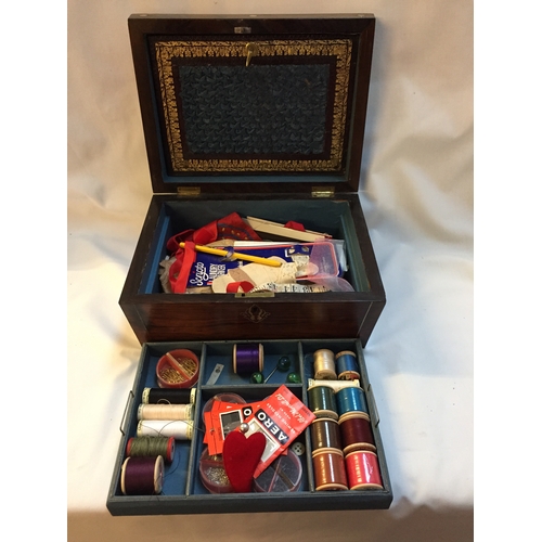 285 - VICTORIAN ROSEWOOD INLAID MOTHER-OF-PEARL WORK BOX FITTED SECTIONAL PULL OUT TRAY AND ACCESSORIES