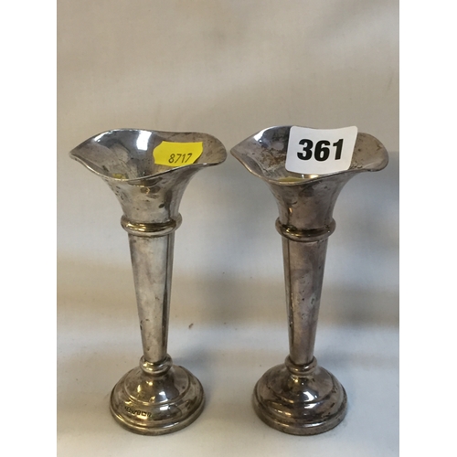 361 - PAIR OF TRUMPET SHAPED SILVER BUD VASES WITH FLARED RIMS, ON CIRCULAR FEET; BIRMINGHAM 1964 (13CM)