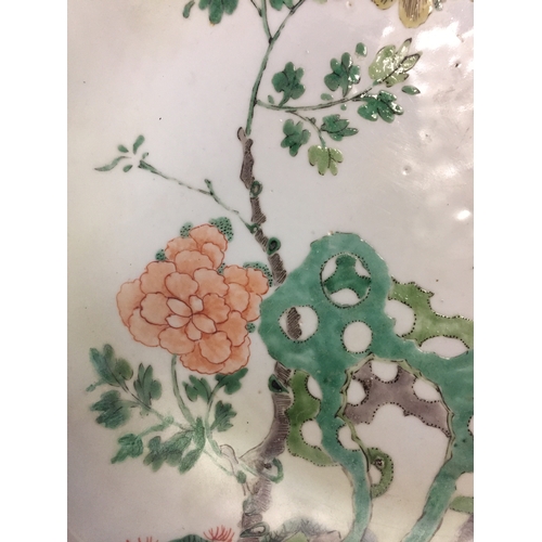 49 - 19TH CENTURY CHINESE BOWL HAND PAINTED FLOWERS ON PALE GREEN BACKGROUND, BLUE LEAF MARK ON UNDERSIDE... 