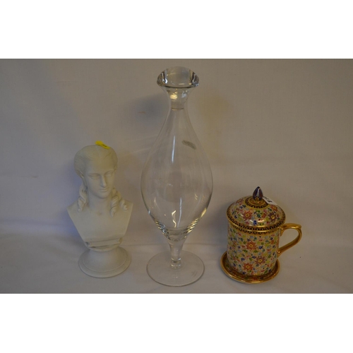 118 - BENJARONG 18CT GOLD MUG AND COVER, PARIAN BUST OF LADY AND ROSENTHAL SHAPED GLASS DECANTER