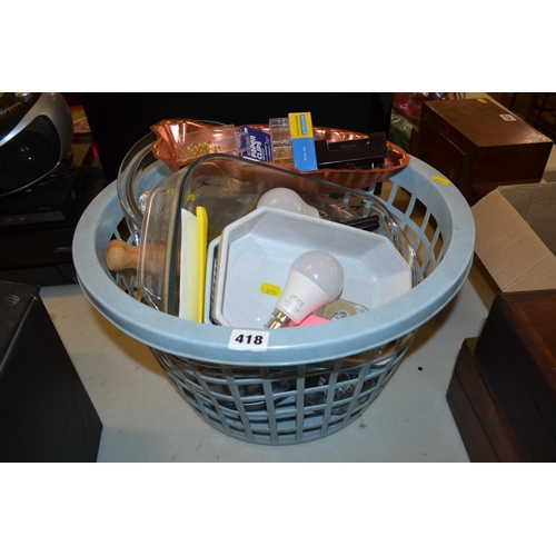 418 - WASHING BASKET, COPPER FISH MOULD, CASSEROLE DISHES, ROLLING PIN, JUG, ETC