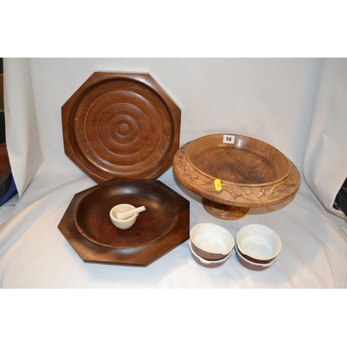 58 - 3 VARIOUS WOODEN BOWLS, 4 FRENCH DISHES AND MINIATURE PESTLE AND MORTAR