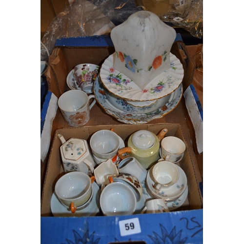 59 - WHITE AND FLOWERED COMPORT, IRONSTONE DISH, MINIATURE TEAWARE, GLASS LAMPSHADE, ETC