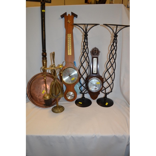 69 - BRASS COMPANION STAND AND IRONS, 2 ANEROID BAROMETERS, 2 METAL STANDS, COPPER WARMING PAN