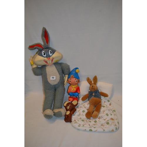 74 - SOFT BUGS BUNNY TOY, MANHATTAN SOFT PETER RABBIT, ETC