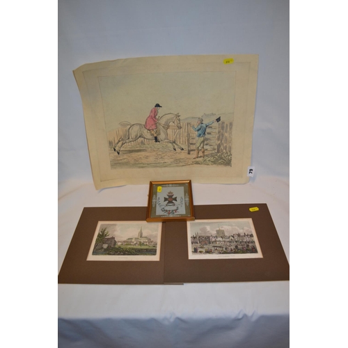 79 - WATERCOLOUR OF THE KINGS ROYAL RIFLE CORPS CAP BADGE, 2, 19TH CENTURY ENGRAVINGS OF NORWICH AND COLO... 