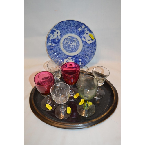 90 - PAIR OF 19TH CENTURY CRANBERRY WINES, 6 VARIOUS GLASSES, BLUE AND WHITE ORIENTAL PLATE AND TOLEWARE ... 