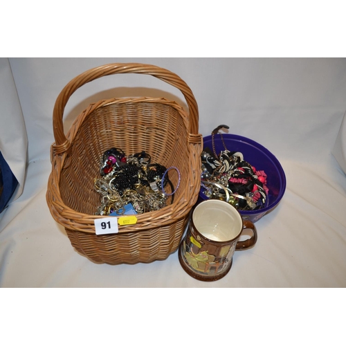 91 - CANE SHOPPING BASKET, BESWICK TANKARD, JEWELLERY, ETC