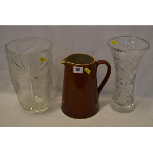 92 - 2 CUT GLASS VASES AND DENBY STONEWARE JUG