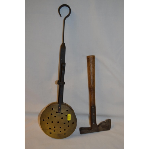 146 - BRASS AND WROUGHT IRON CHESTNUT ROASTER AND SLATERS ROOFING HAMMER