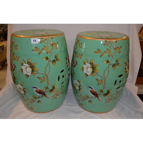 15 - PAIR OF CHINESE CERAMIC BARREL GARDEN SEATS, GREEN GROUND WITH BLOSSOM AND BIRDS DECORATION