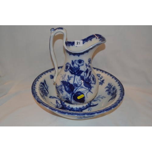 21 - 19TH CENTURY FLO BLEU CHINA JUG AND BOWL DECORATED FLOWERS