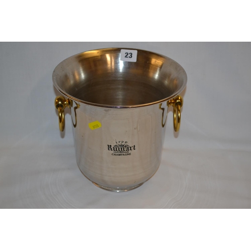 23 - RUINART CHROME ICE BUCKET WITH BRASS DROP RING HANDLES