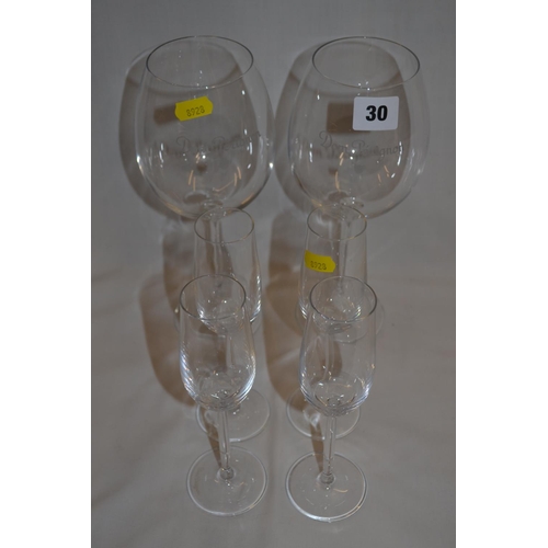 30 - FOUR VEUVE CLICQUOT PORT GLASSES AND 2 WINE GLASSES