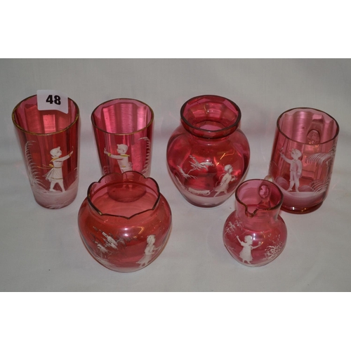 48 - SIX PIECES OF VICTORIAN MARY GREGORY CRANBERRY GLASSWARE