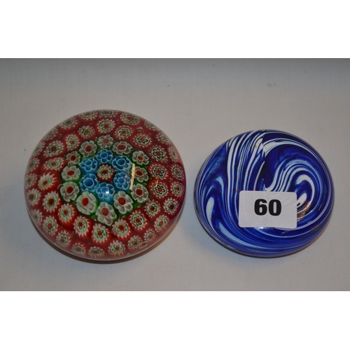 60 - GLASS MILLEFIORI PAPERWEIGHT AND BLUE AND WHITE SWIRL PAPERWEIGHT