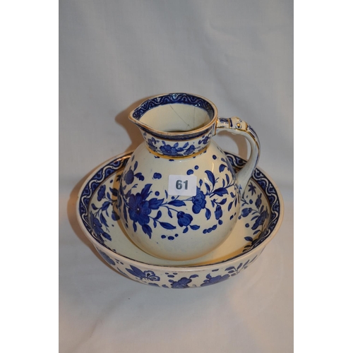 61 - DUNN BENNET & CO BLUE AND WHITE CHINA TOILET JUG AND BOWL (JUG REPAIRED)