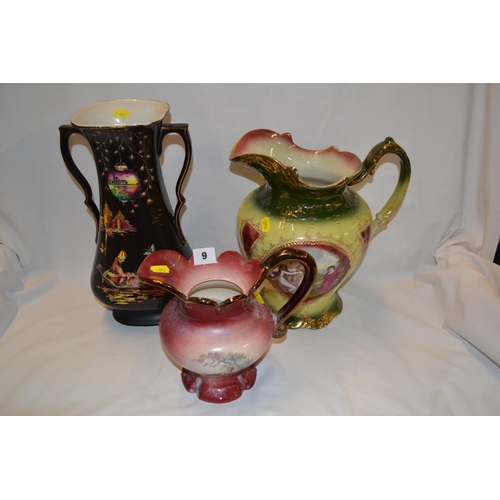 9 - EDWARDIAN TOILET JUG, MODERN TOILET JUG AND VENETIAN 2 HANDLED VASE