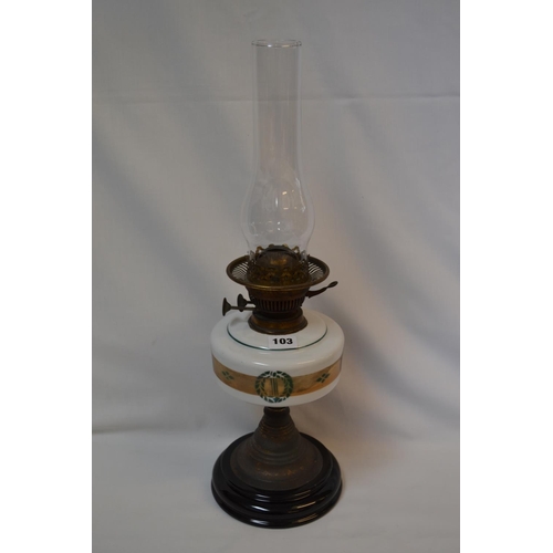 103 - VICTORIAN OIL LAMP WITH WHITE GLASS AND PAINTED RESERVOIR ON BRASS AND BLACK CHINA STAND