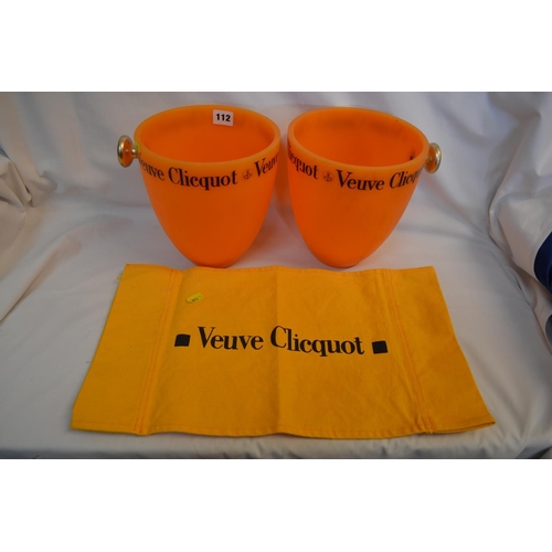 112 - 2 VEUVE CLICQUOT ORANGE PLASTIC ICE BUCKETS AND 2 CLOTHS