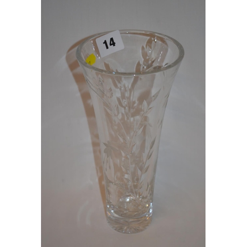 14 - STUART CRYSTAL TRUMPET SHAPED CUT GLASS VASE (23CM)