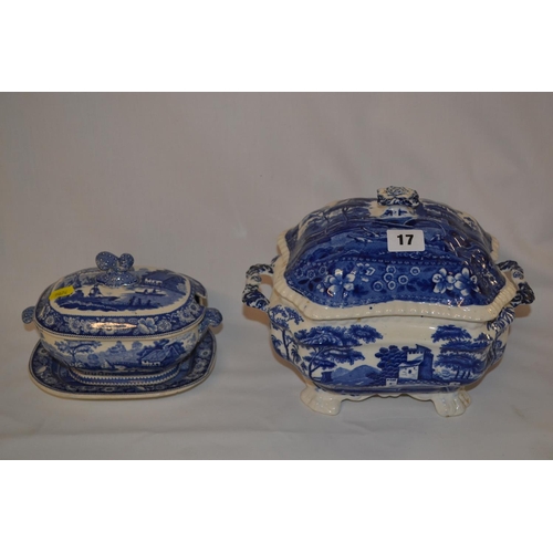 17 - 19TH CENTURY STAFFORDSHIRE BLUE AND WHITE TRANSFER PRINTED SAUCE TUREEN AND COPELAND 