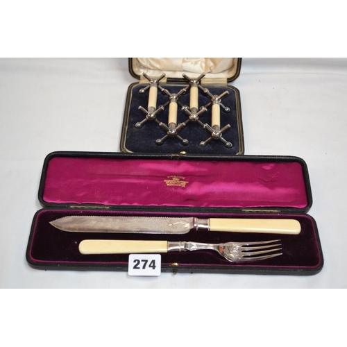 274 - ENGRAVED SILVER PLATED BREAD / CAKE KNIFE AND FORK SET IN ORIGINAL LEATHER CASE AND SET OF 4 SILVER ... 