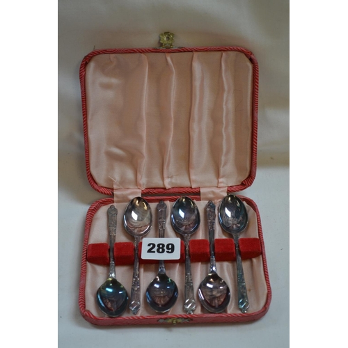 289 - SET OF SIX SILVER PLATED TEASPOONS IN CASE