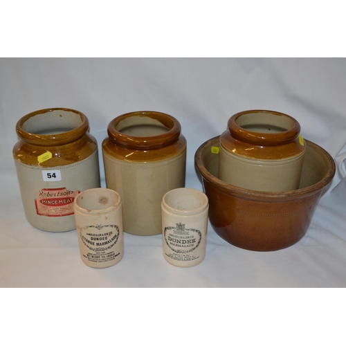 54 - ROBERTSON'S MINCEMEAT STONEWARE JAR, 2 DUNDEE MARMALADE POTS, 2 JARS AND DISH