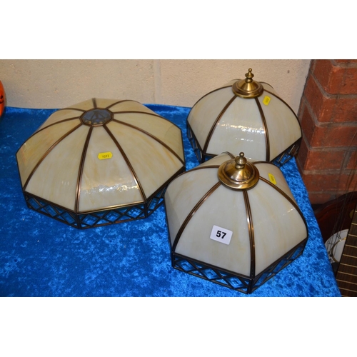 57 - 3 BRASS AND MARBLED GLASS LAMPSHADES