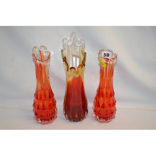 59 - 3 RUBY TINTED ARTWARE GLASS VASES