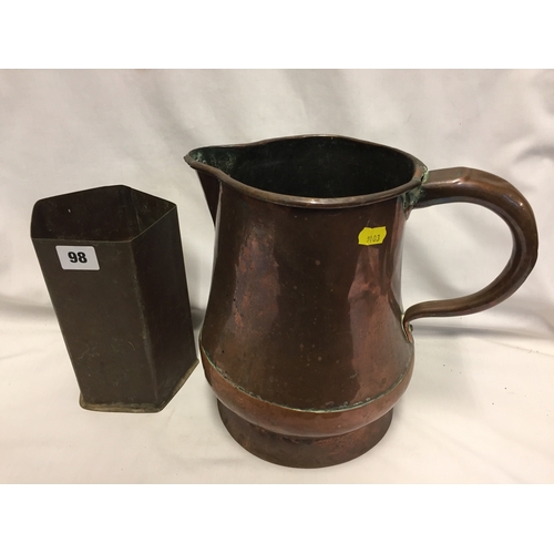 98 - 19TH CENTURY COPPER JUG AND BRASS VASE