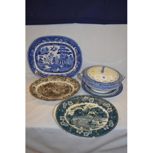 31 - OVAL BLUE AND WHITE TRANSFER PRINTED WILLOW PATTERN MEAT PLATE (36CM), A. MEAKIN 