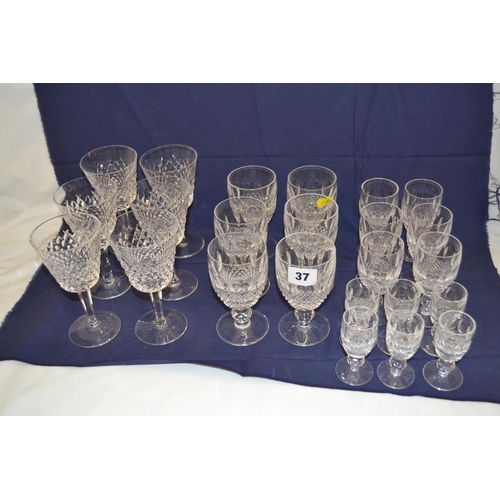 37 - SET OF 6 CUT GLASS WINES, 6 CUT GLASS PORTS, 6 CUT GLASS SHERRIES AND 6 CUT GLASS LIQUEURS