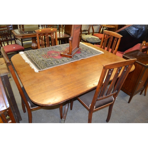 687 - REGENCY MAHOGANY BREAKFAST TABLE ON TURNED COLUMN AND QUADRUPLE BASE AND SET OF 4 EDWARDIAN INLAID M... 