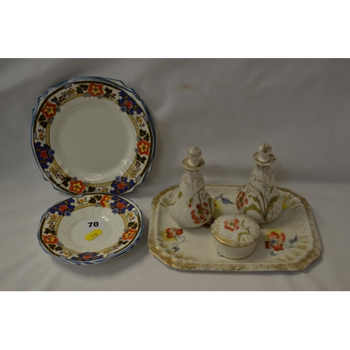 70 - PAIR OF FRENCH PORCELAIN SCENT BOTTLES, TRINKET BOX AND STAND, 2 COLLINGWOOD SAUCERS AND 2 PLATES