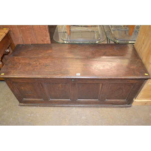 711 - 18TH CENTURY PANELLED OAK COFFER 138CM WIDTH X 54CM DEPTH X 55CM HIGH