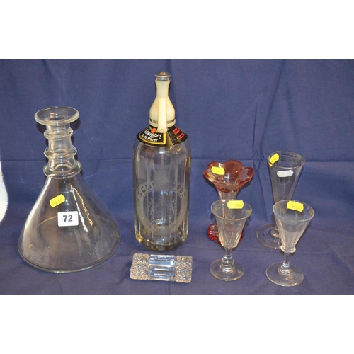 72 - SCHWEPPES SODA SYPHON, 18TH CENTURY DWARF ALE GLASS (CHIP TO FOOT), PAIR OF 19TH CENTURY STEMMED GLA... 