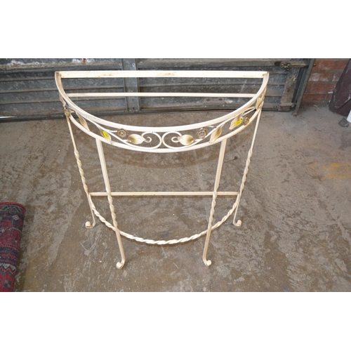 767 - WHITE WROUGHT IRON DEMI LUNE HALL TABLE (NO GLASS)