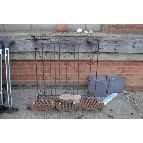 787 - 3 CAST IRON FIRE GRATES AND WROUGHT IRON GATE