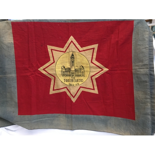 351 - LINEN SALVATION ARMY BLOOD AND FIRE FLAG WITH THE TORCHBEARERS 1932-33 EMBLEM ON REVERSE 36