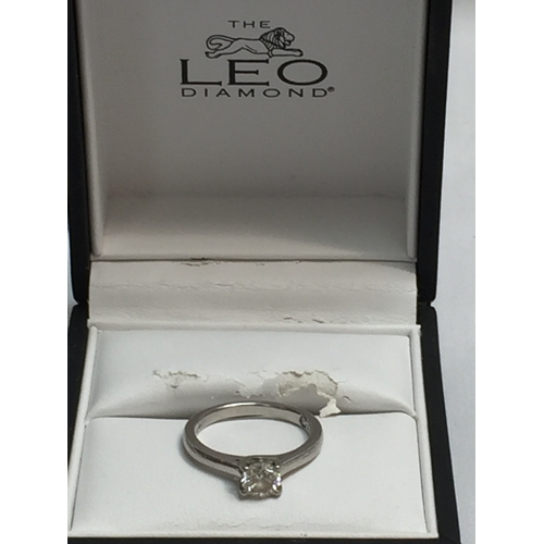 450 - LEO PLATINUM AND SOLITAIRE ENGAGEMENT RING 0.69CT, CLARITY US2, FINISH VERY/VERY GOOD