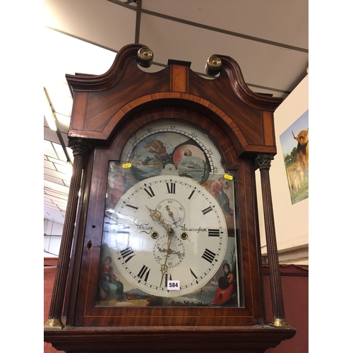 584 - EARLY 19TH CENTURY GRANDFATHER CLOCK WITH ARCHED PAINTED DIAL WITH MOON ROLLER, INLAID OAK AND MAHOG... 