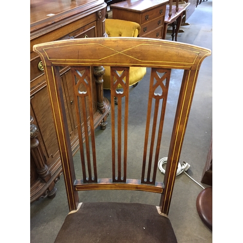 687 - REGENCY MAHOGANY BREAKFAST TABLE ON TURNED COLUMN AND QUADRUPLE BASE AND SET OF 4 EDWARDIAN INLAID M... 